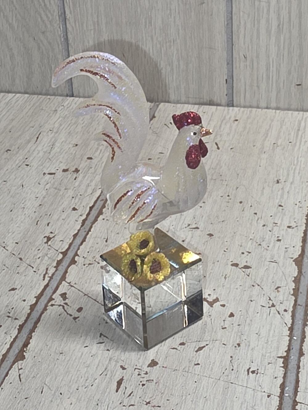 Vintage Glass Rooster Figurine Sunflowers Transparent Cube Glittery Farmhouse